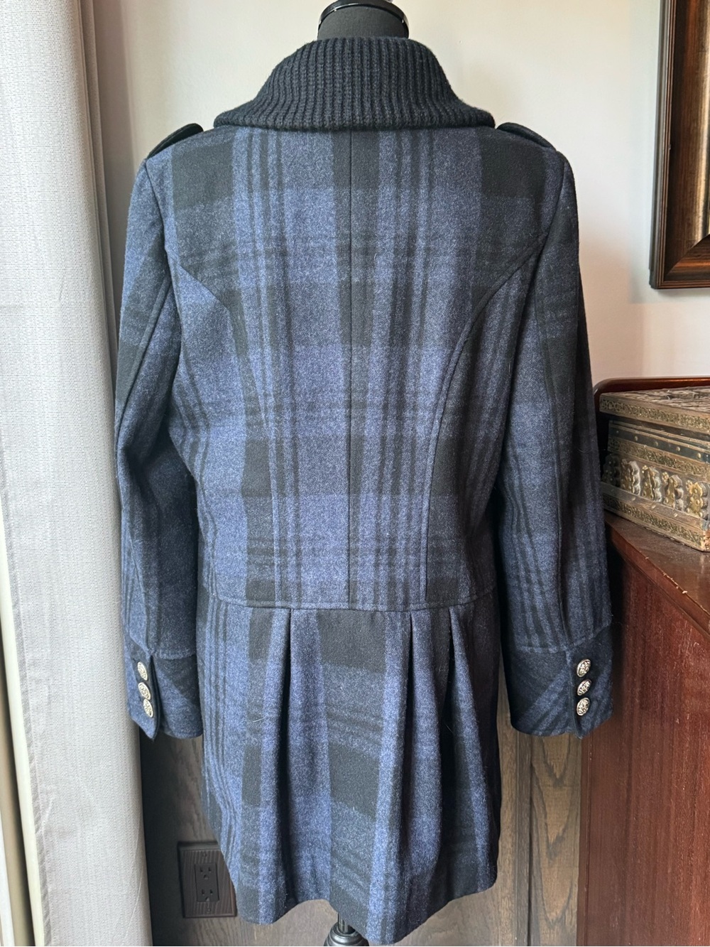 Style & Co. Double-Breasted Plaid Pea Coat in Navy and Black wool blend medium - Picture 4 of 6